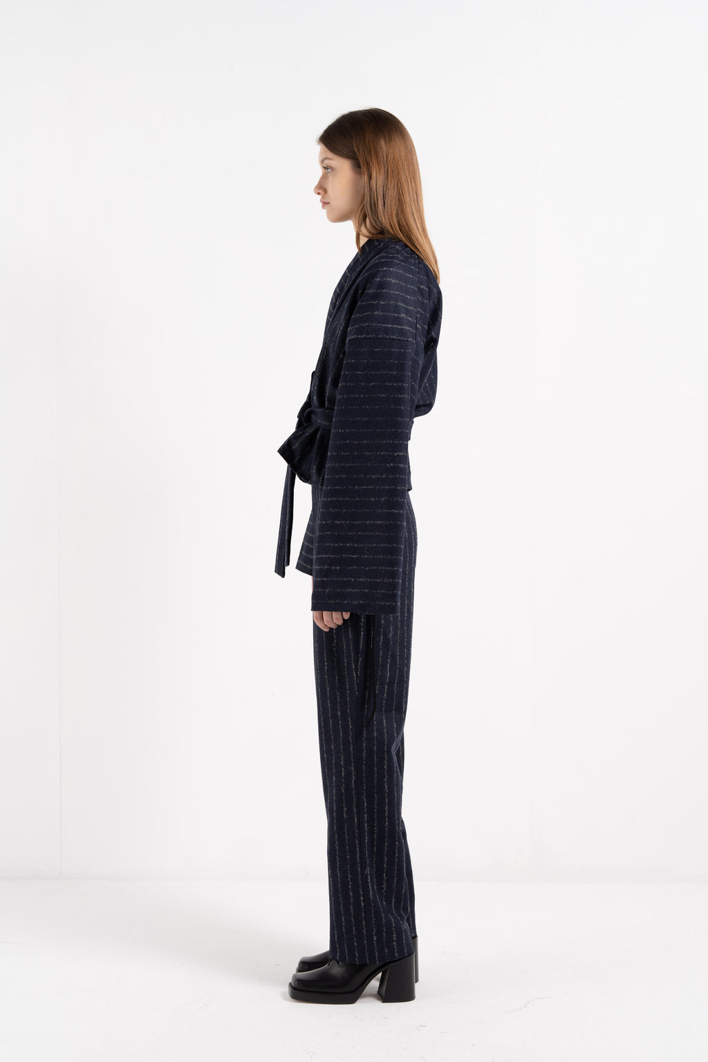 NIGHT BLUE STRIPED HIGH WAIST DARTED TROUSERS image 1