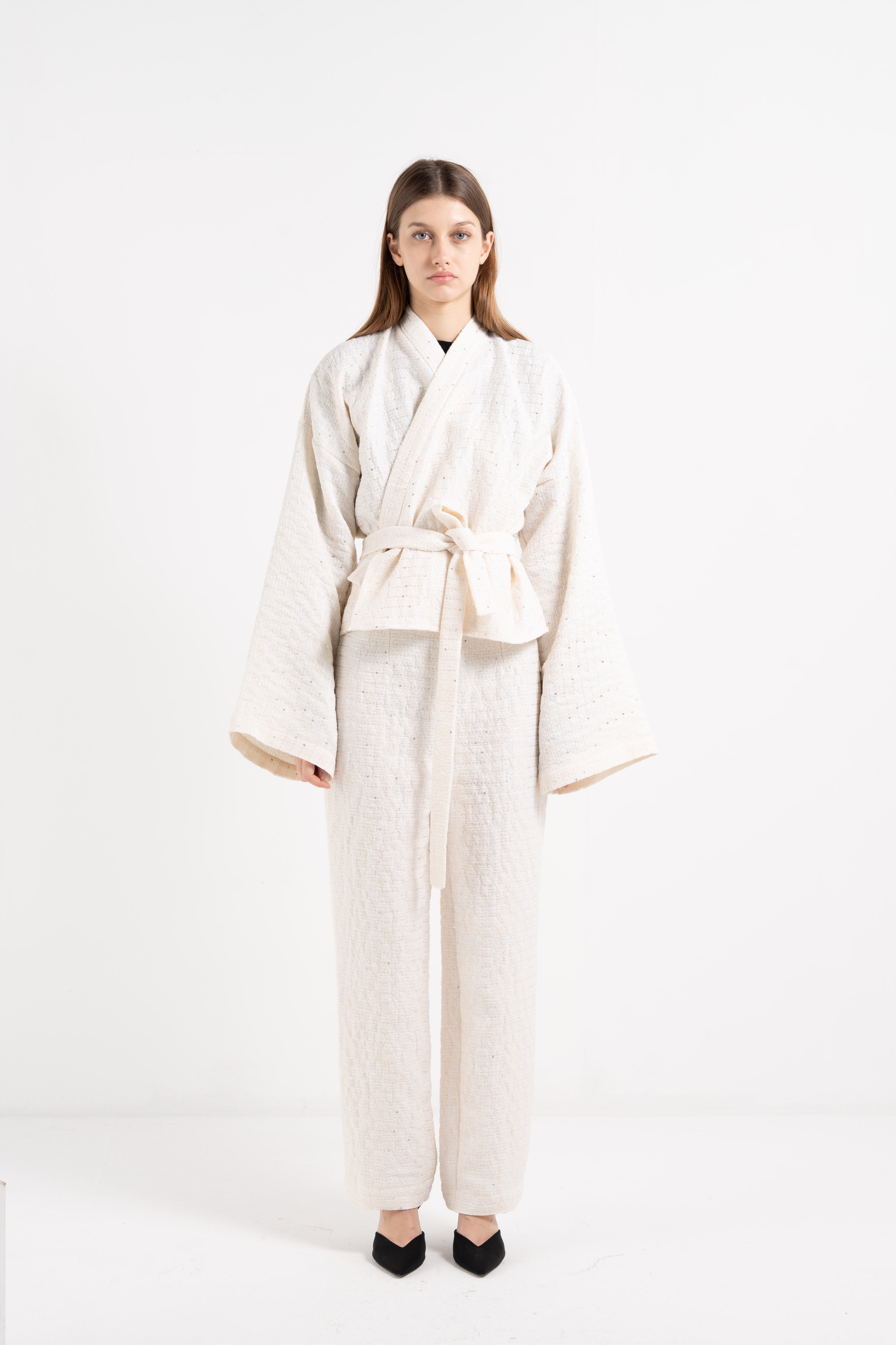 OFF-WHITE GLITTERED STRIPED COTTON KIMONO image 1