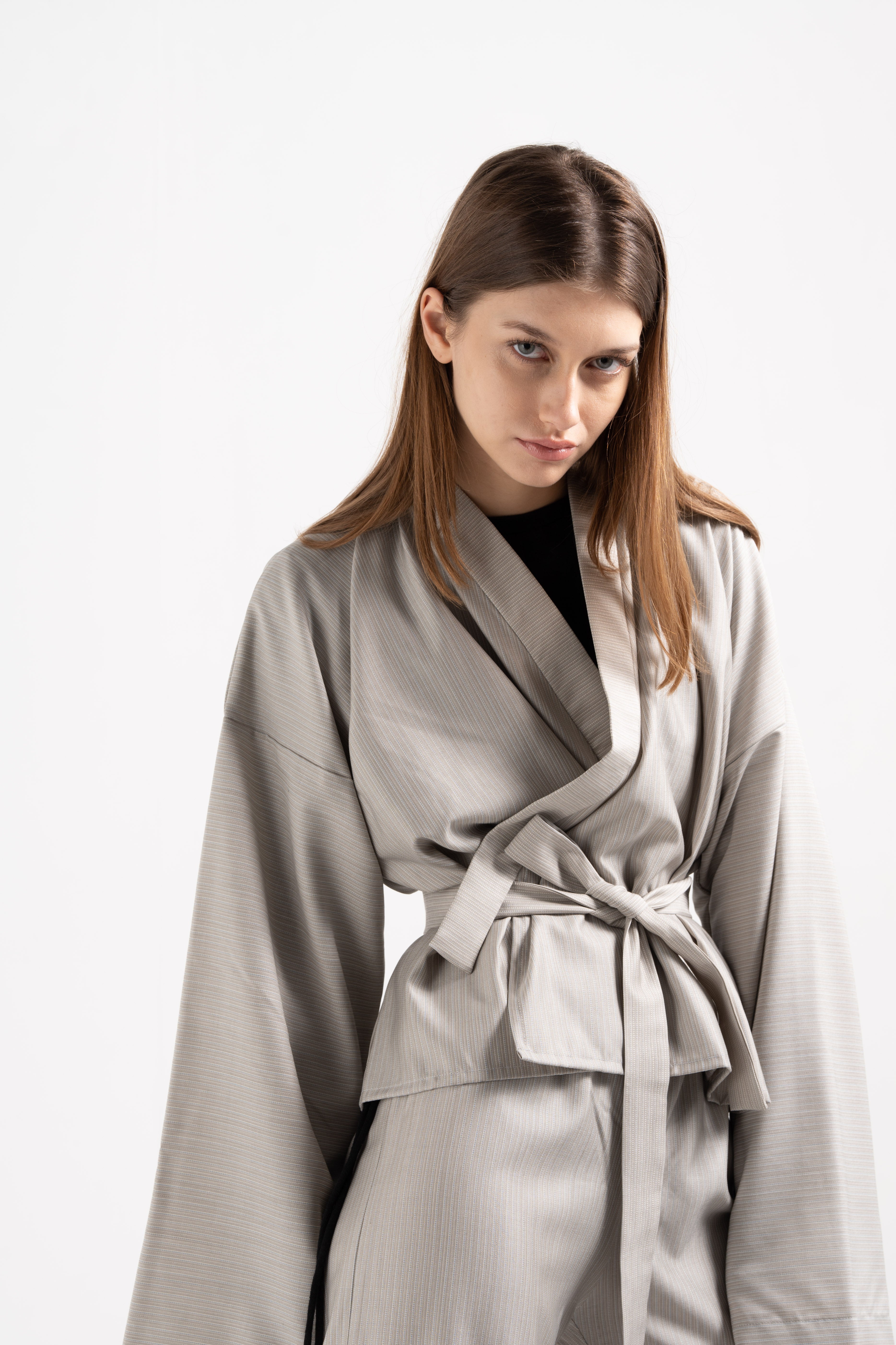 GREY STRIPED SILK KIMONO image 0