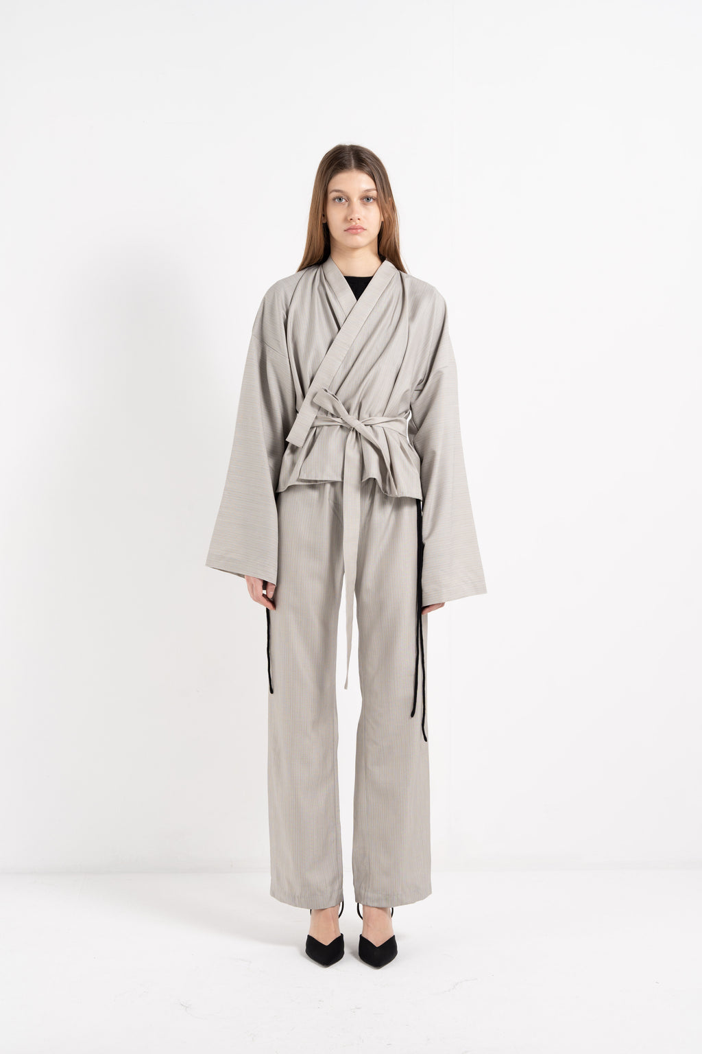 GREY STRIPED SILK KIMONO image 1