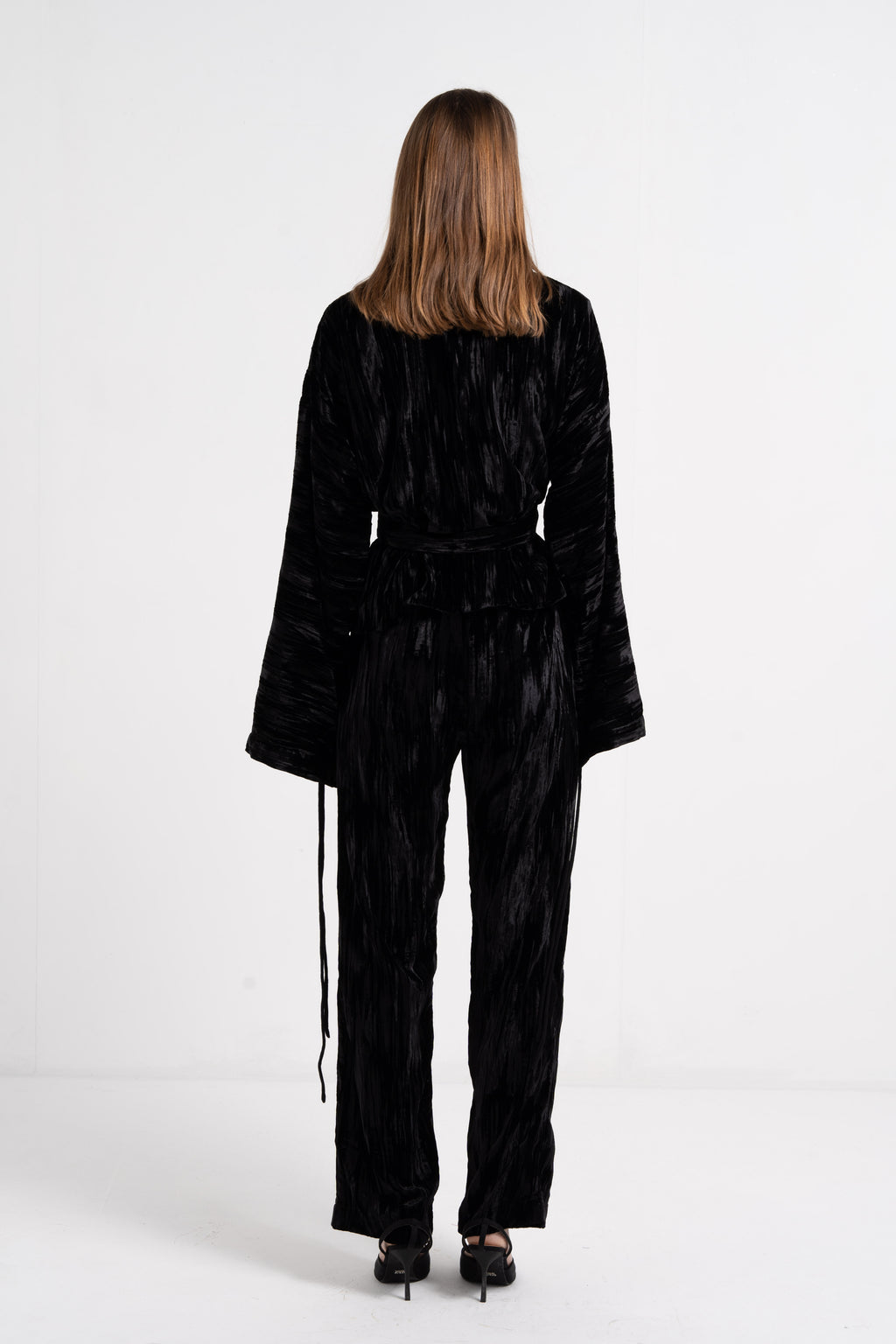 BLACK CRUSHED VELVET ELASTICATED WAIST TROUSERS image 2