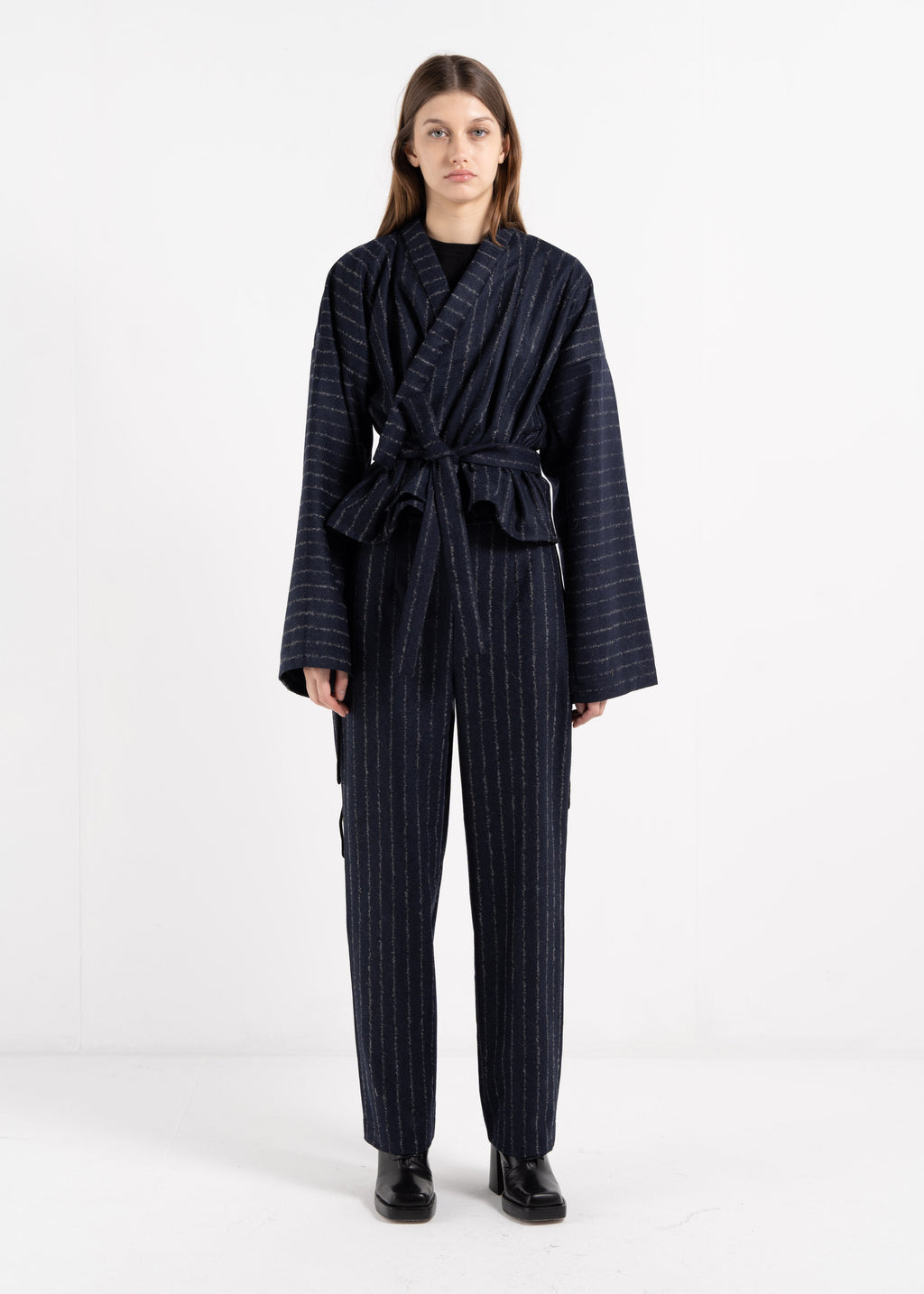 NIGHT BLUE STRIPED HIGH WAIST DARTED TROUSERS image 0