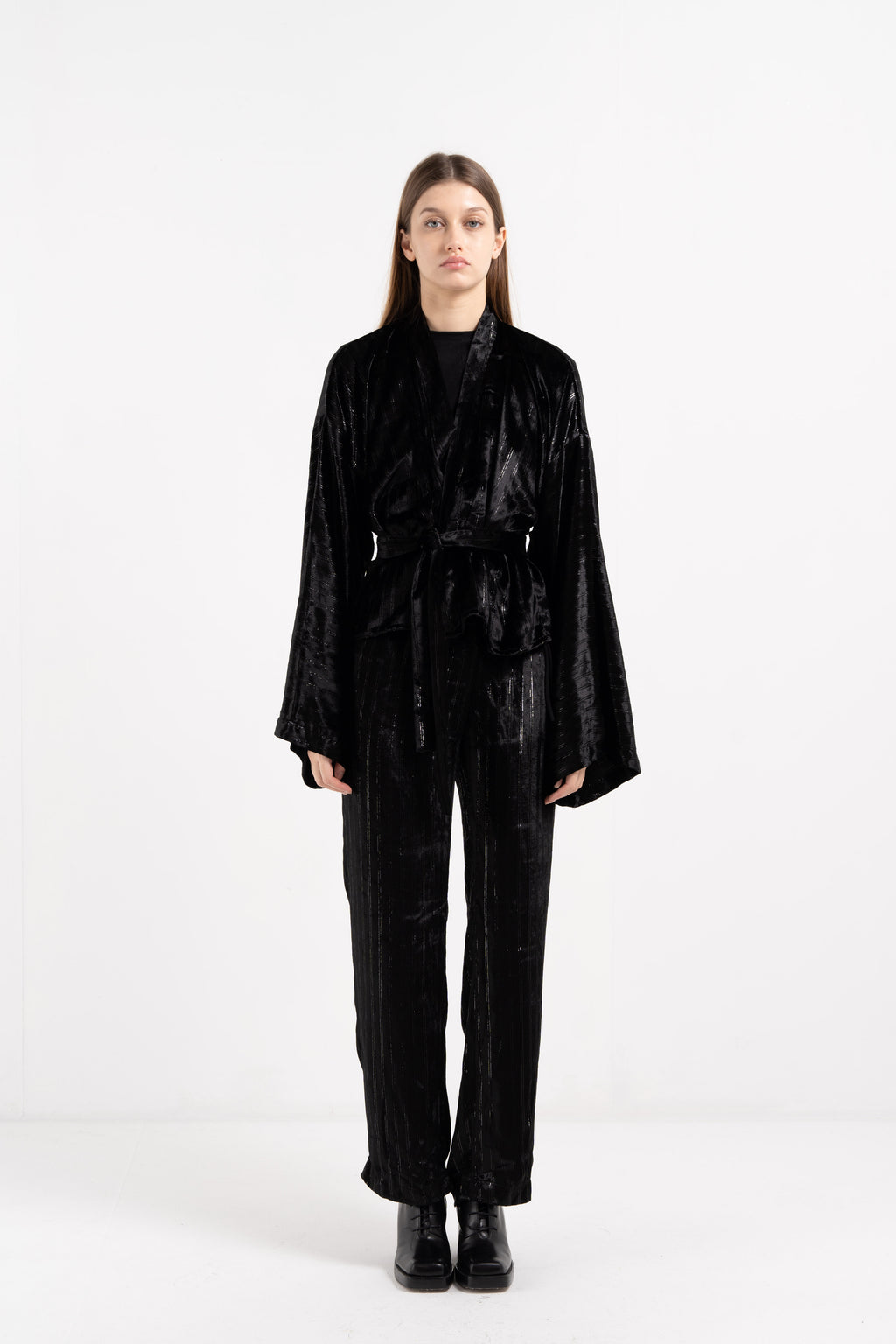 BLACK VELVET WITH SILVER STRIPES KIMONO image 1