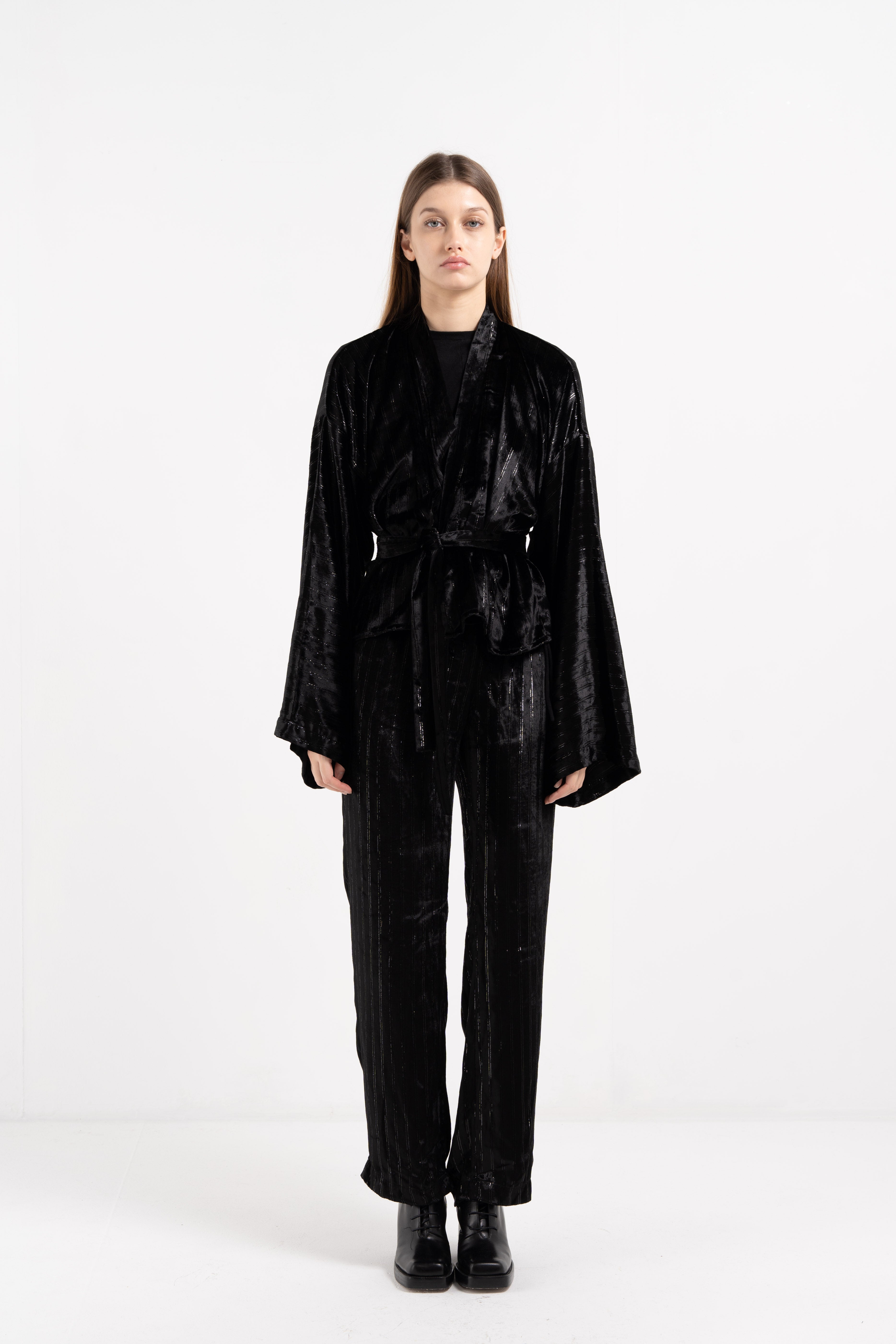 BLACK VELVET WITH SILVER STRIPES KIMONO image 1
