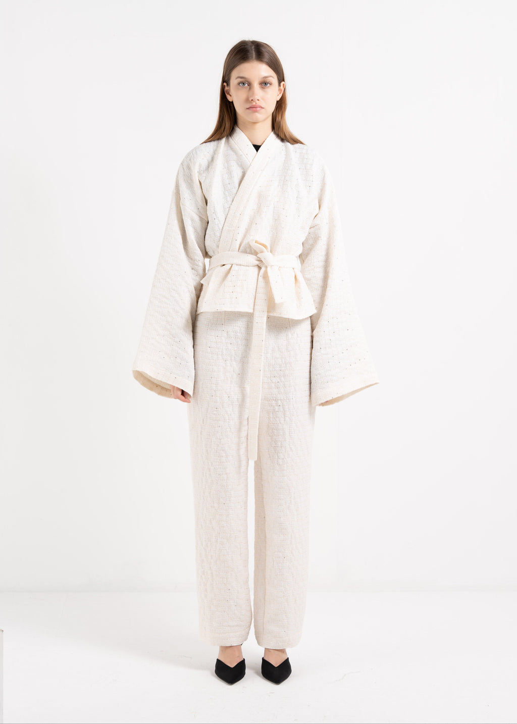 OFF-WHITE GLITTERED STRIPED COTTON HIGH WAIST DARTED TROUSERS image 0