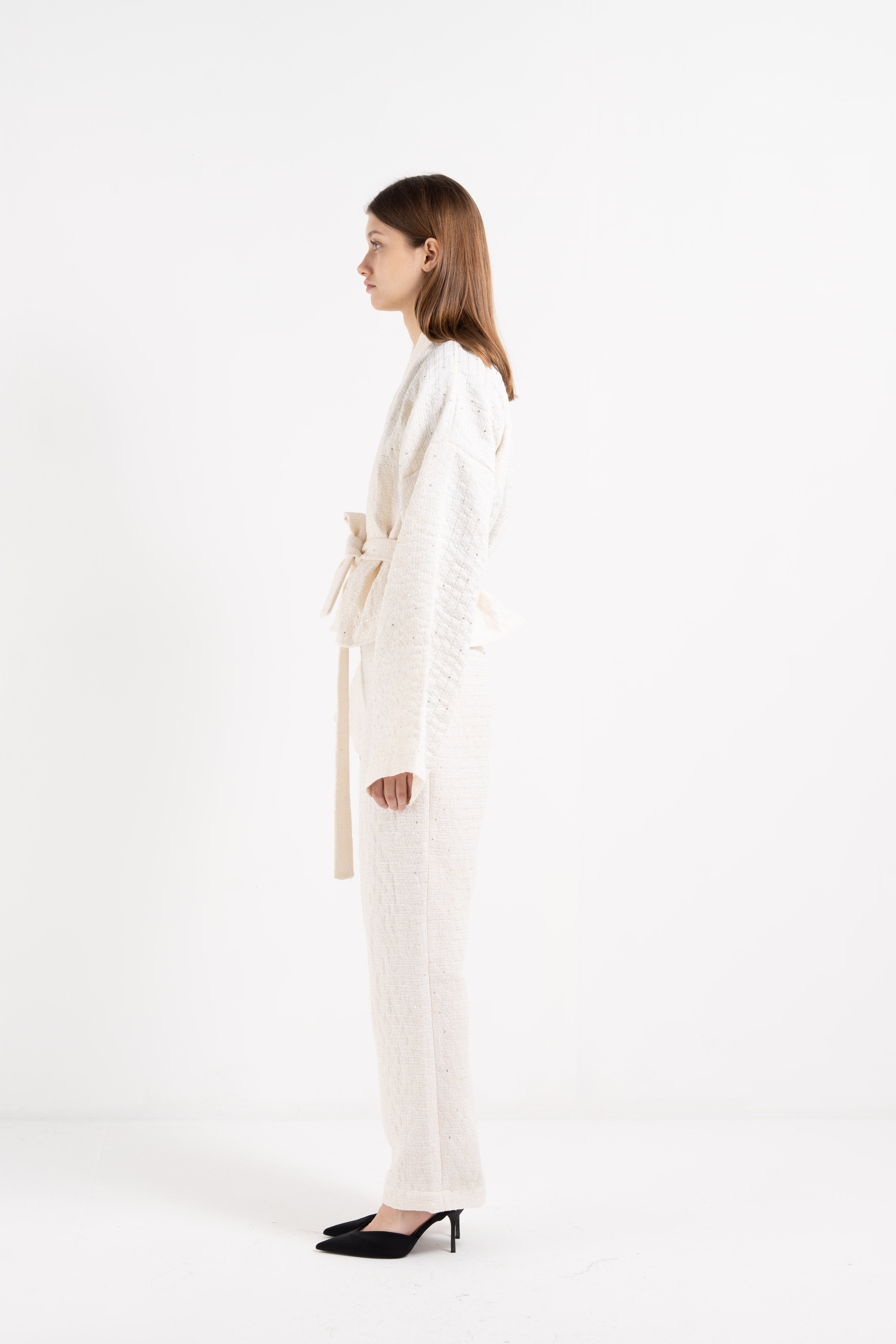OFF-WHITE GLITTERED STRIPED COTTON HIGH WAIST DARTED TROUSERS image 2