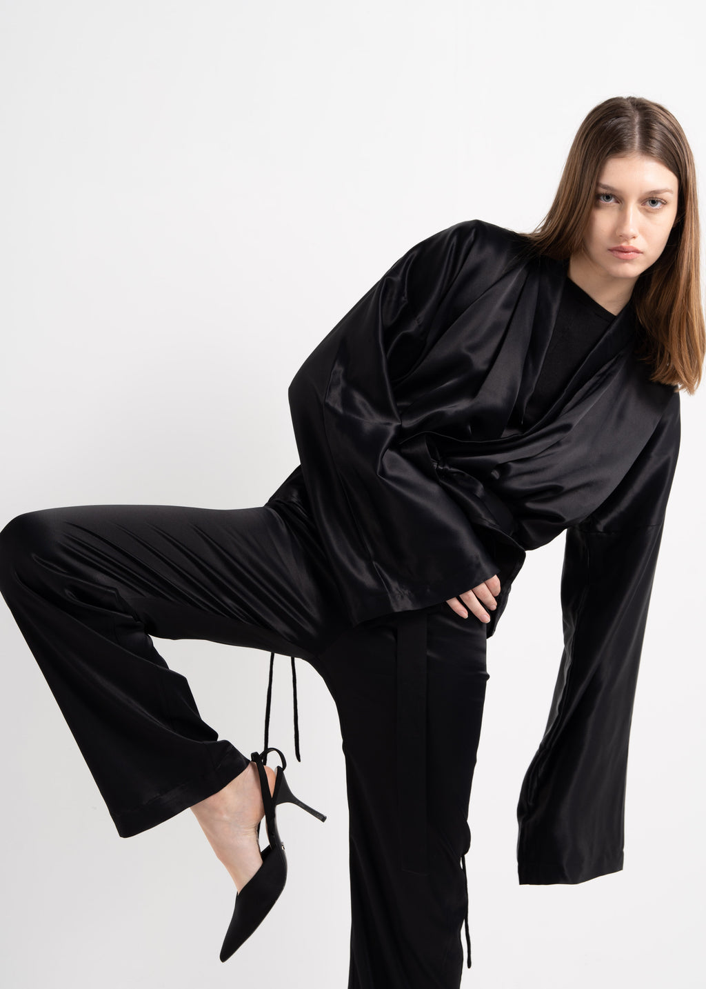 BLACK SATIN ELASTICATED WAIST TROUSERS image 0