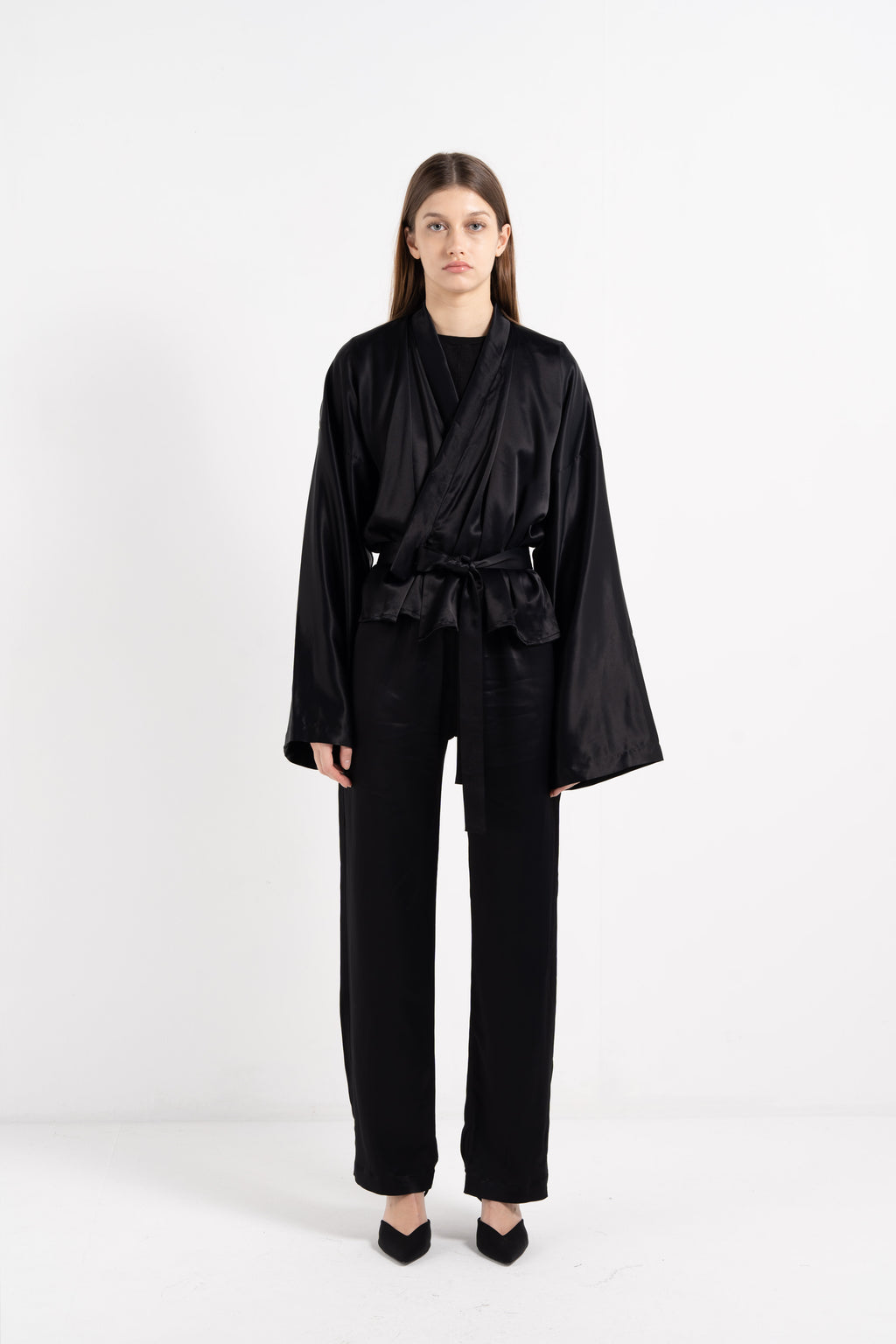 BLACK SATIN ELASTICATED WAIST TROUSERS image 1