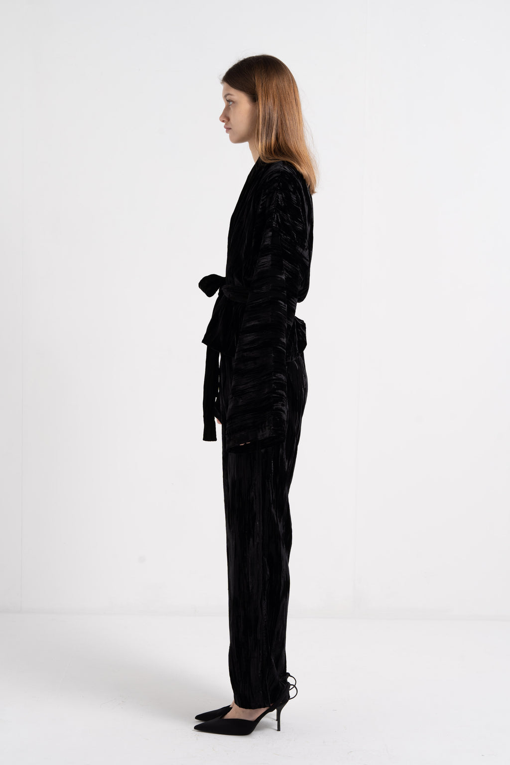 BLACK CRUSHED VELVET ELASTICATED WAIST TROUSERS image 1