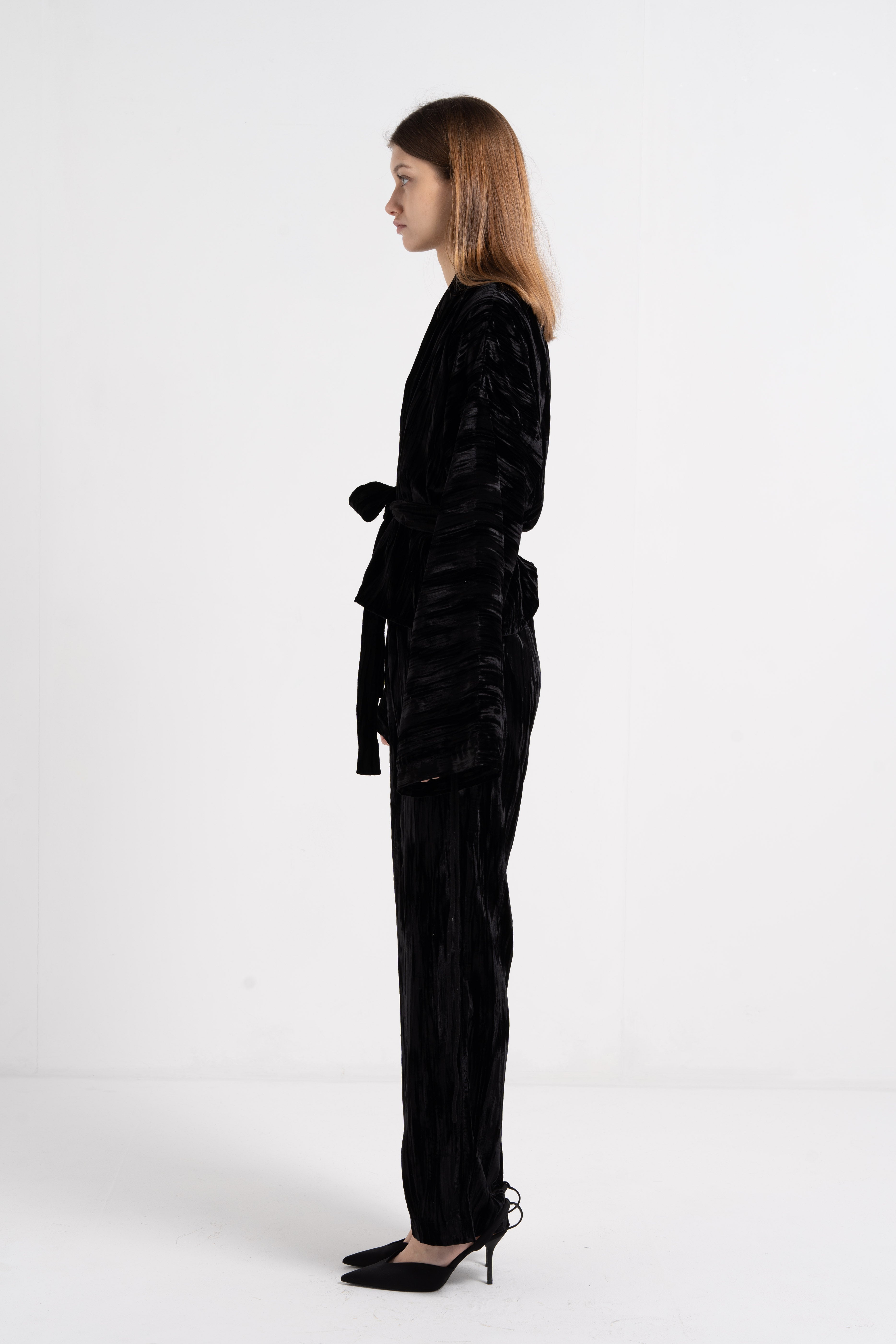 BLACK CRUSHED VELVET ELASTICATED WAIST TROUSERS image 1