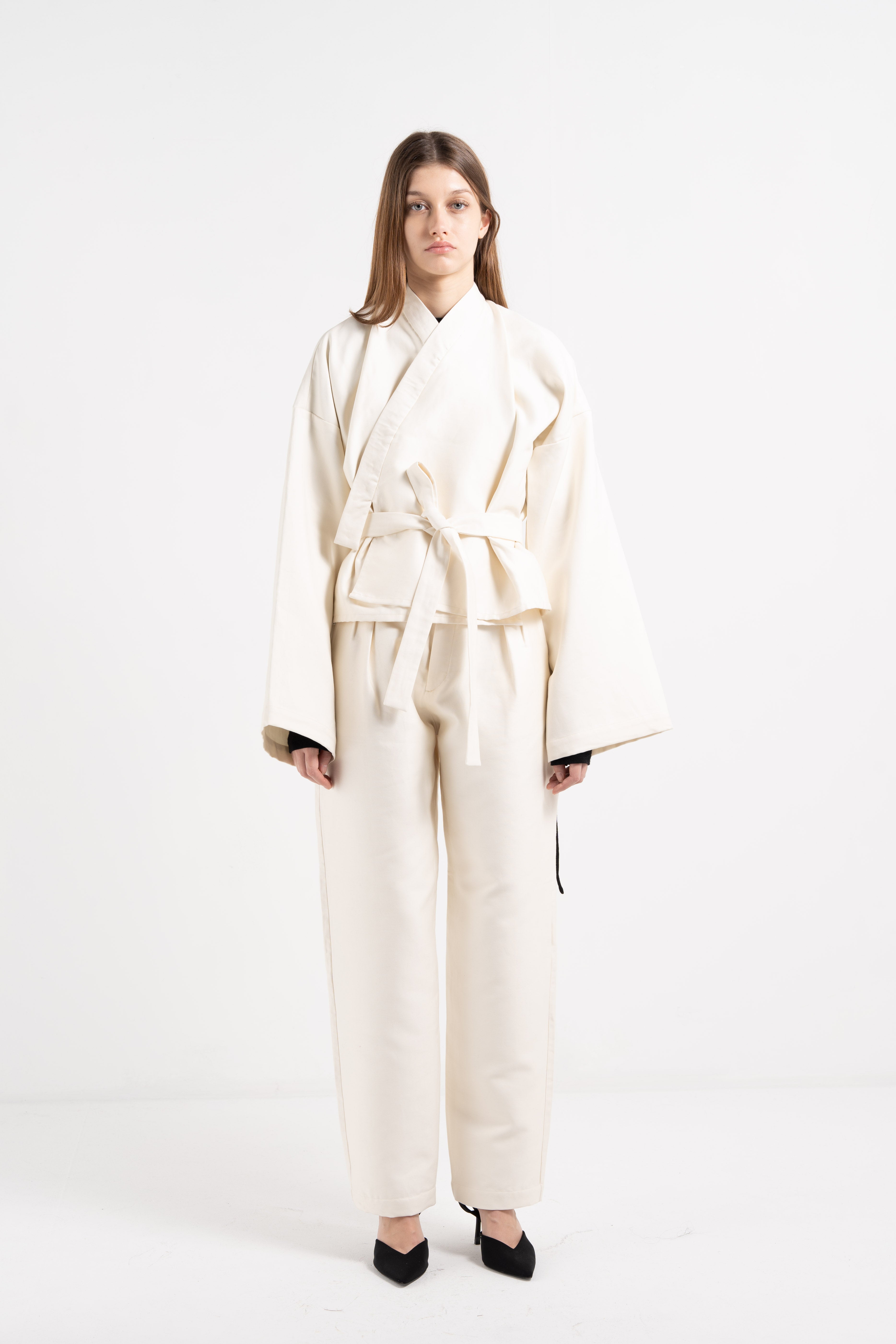 OFF-WHITE COTTON AND SILK HIGH WAIST PANTS WITH PLEATS image 3