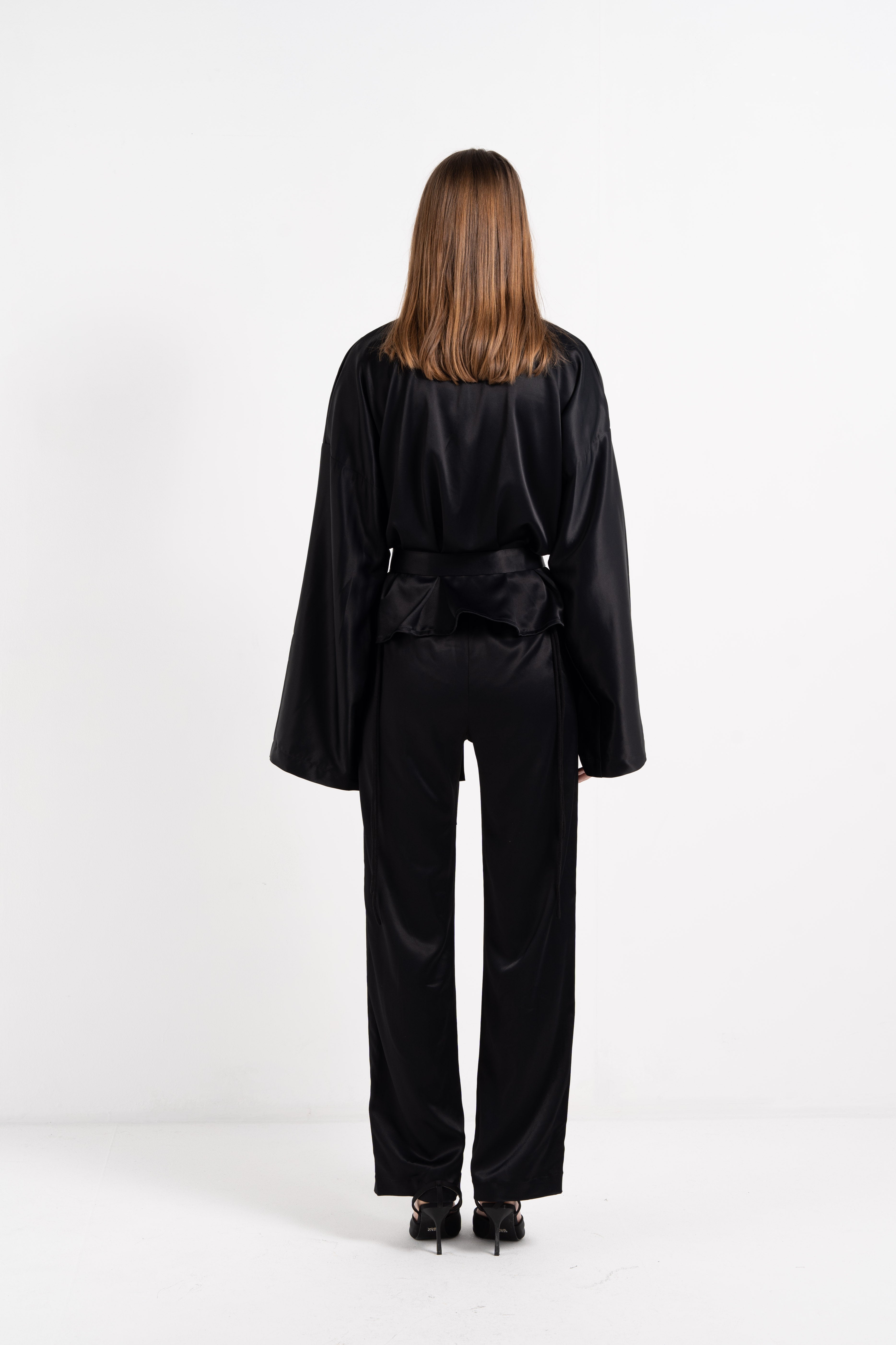 BLACK SATIN ELASTICATED WAIST TROUSERS image 2